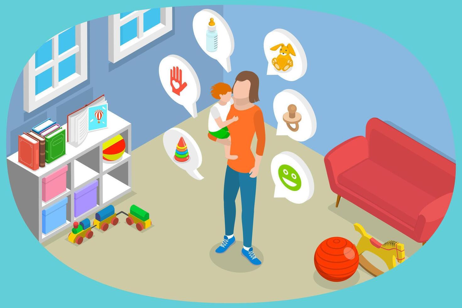3D Isometric Flat Conceptual Illustration of Babysitter, Childcare Service Worker vector