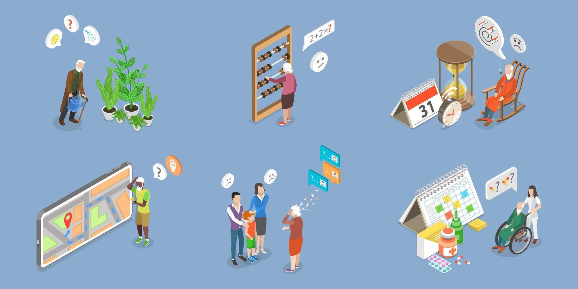 3D Isometric Flat Conceptual Illustration of Dementia, Memory Loss vector