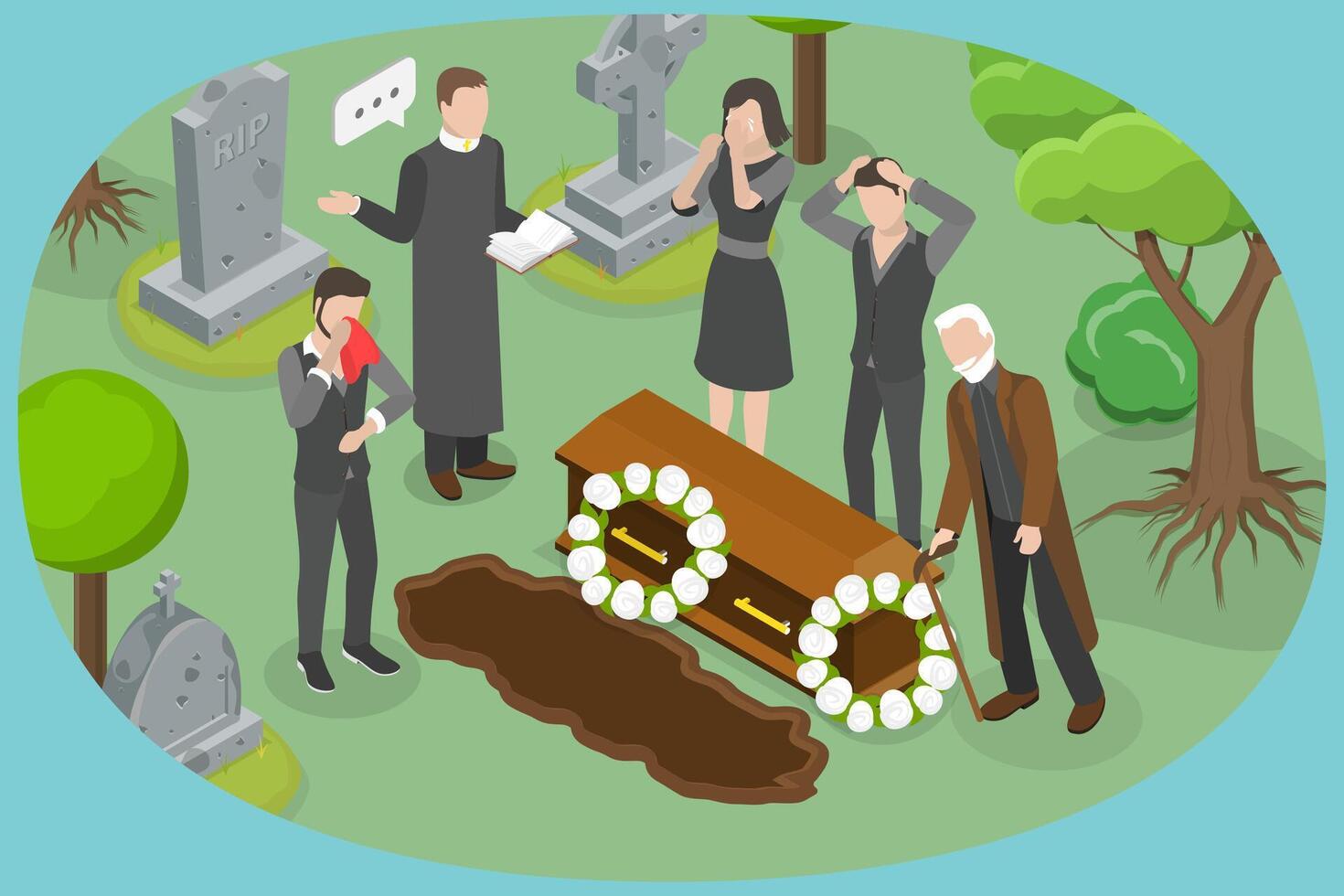 3D Isometric Flat Conceptual Illustration of Funeral Ceremony, Priest Holding Funeral Service vector