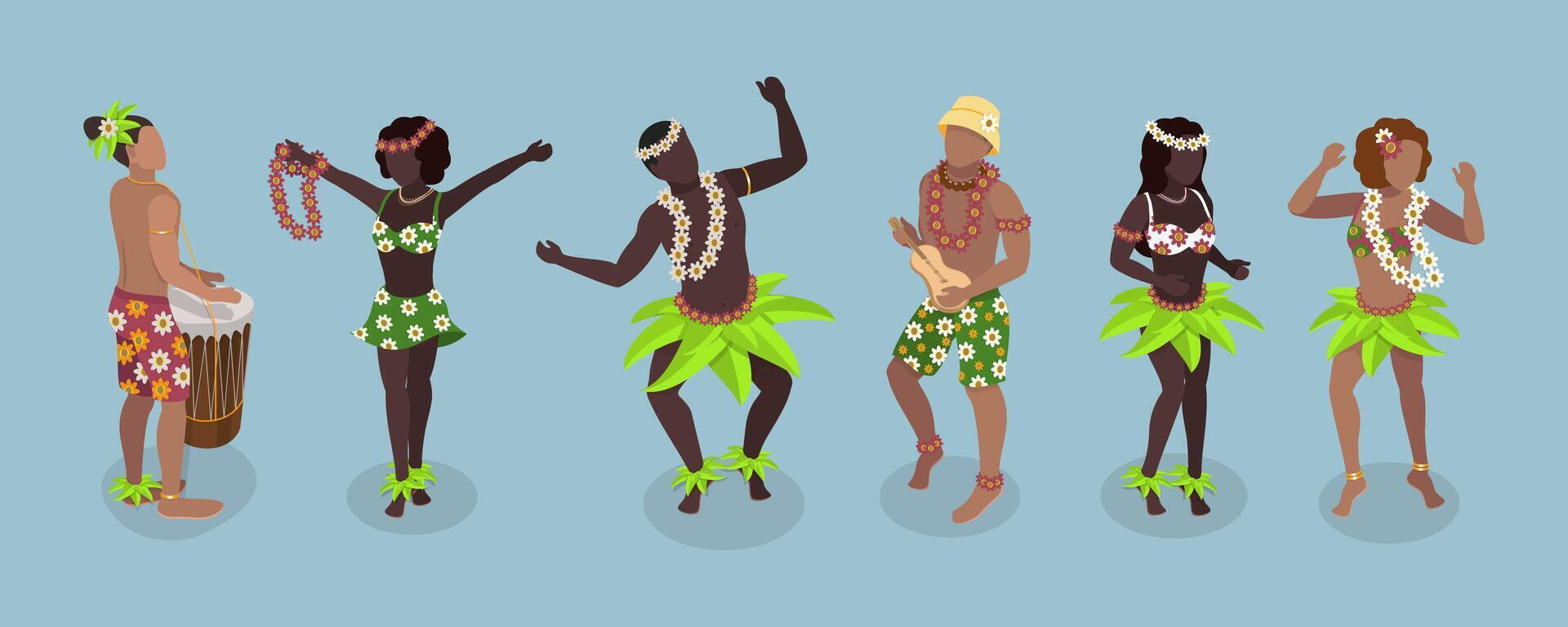 3D Isometric Flat Set of Hawaiian Dancers, Characters in Polynesian Costume vector