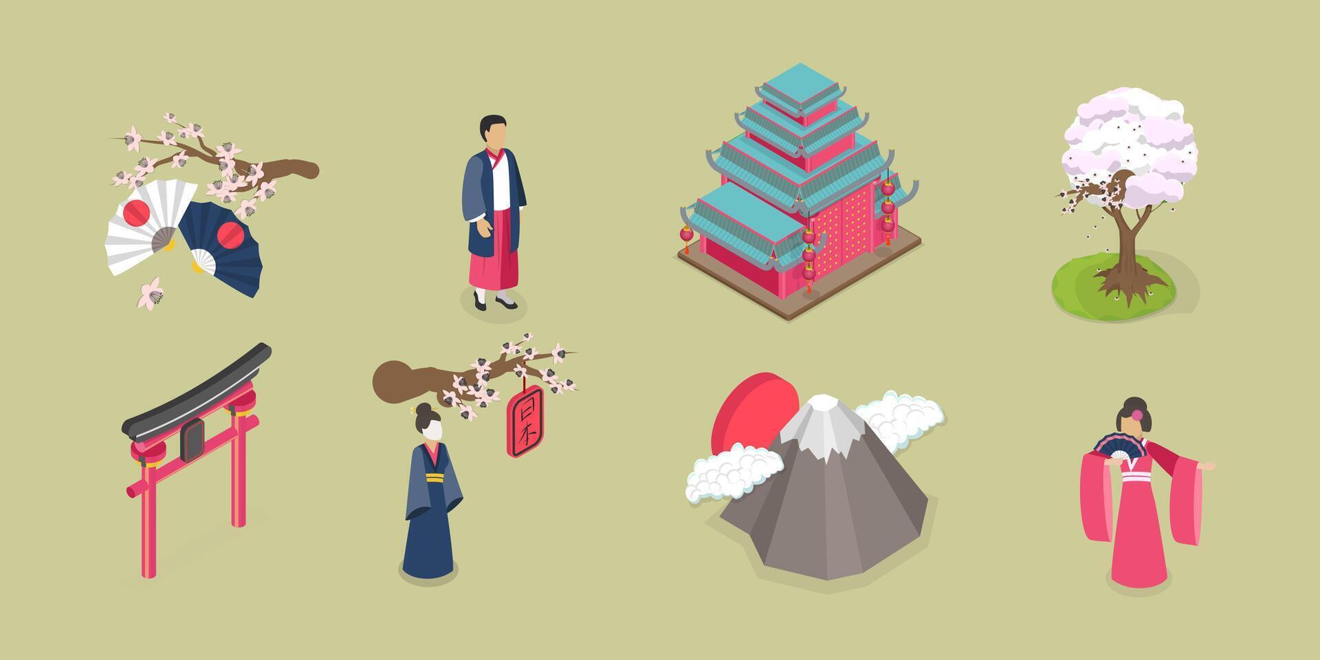 3D Isometric Flat Set of Japan Collection, Ancient Culture Items vector