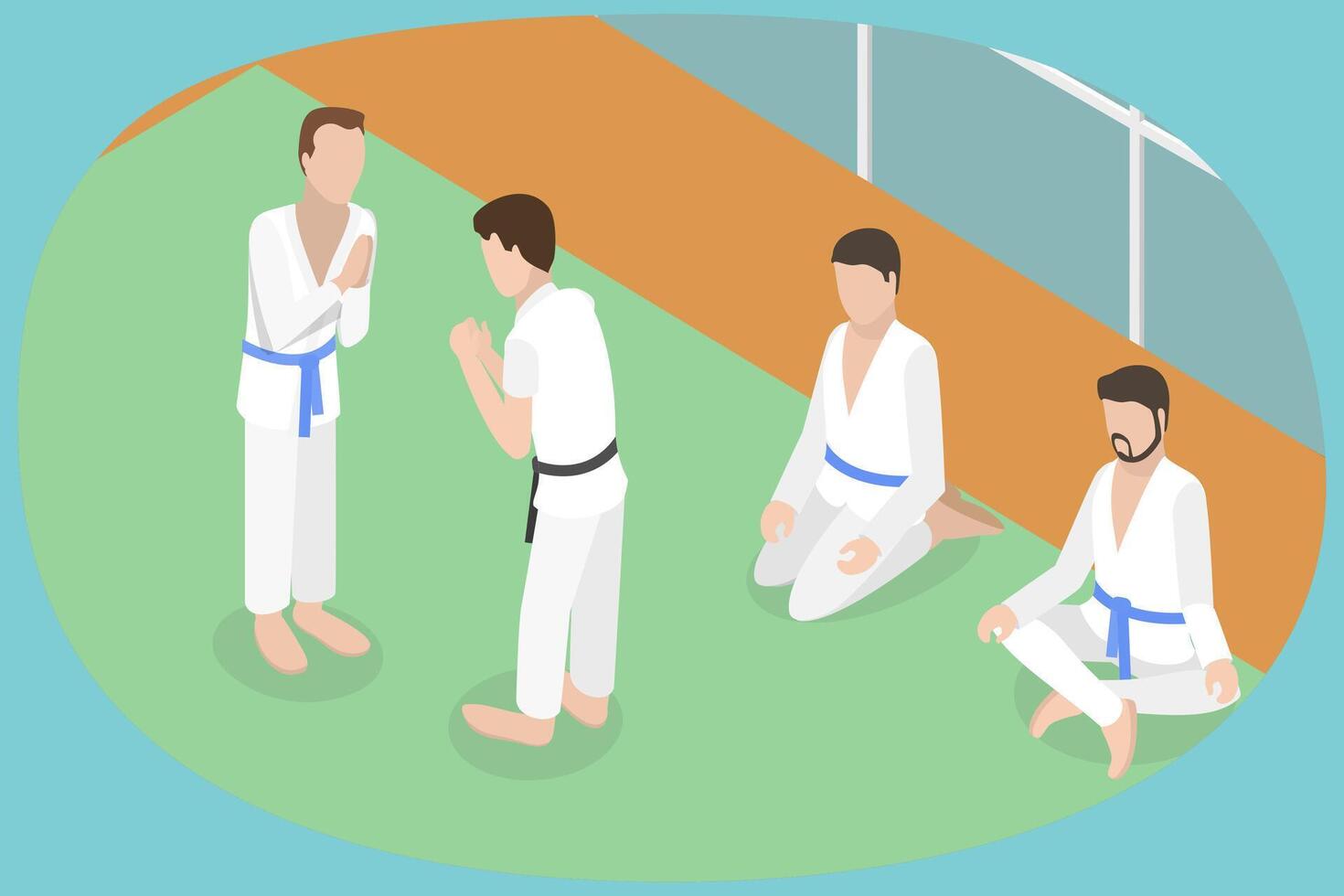 Karate students training together in dojo vector