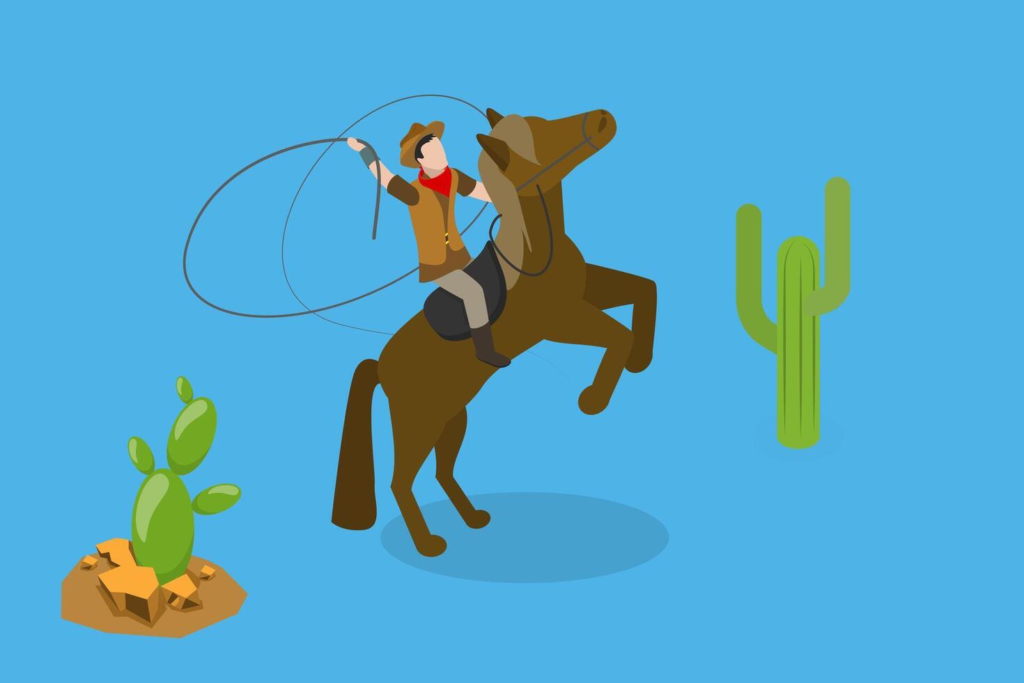 3D Isometric Flat Conceptual Illustration of Wild West, Rodeo Cowboy Riding a Horse vector