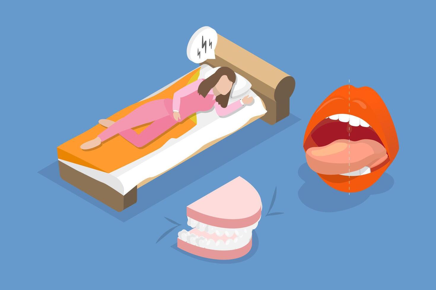 3D Isometric Flat Conceptual Illustration of Bruxism, Teeth Grinding vector