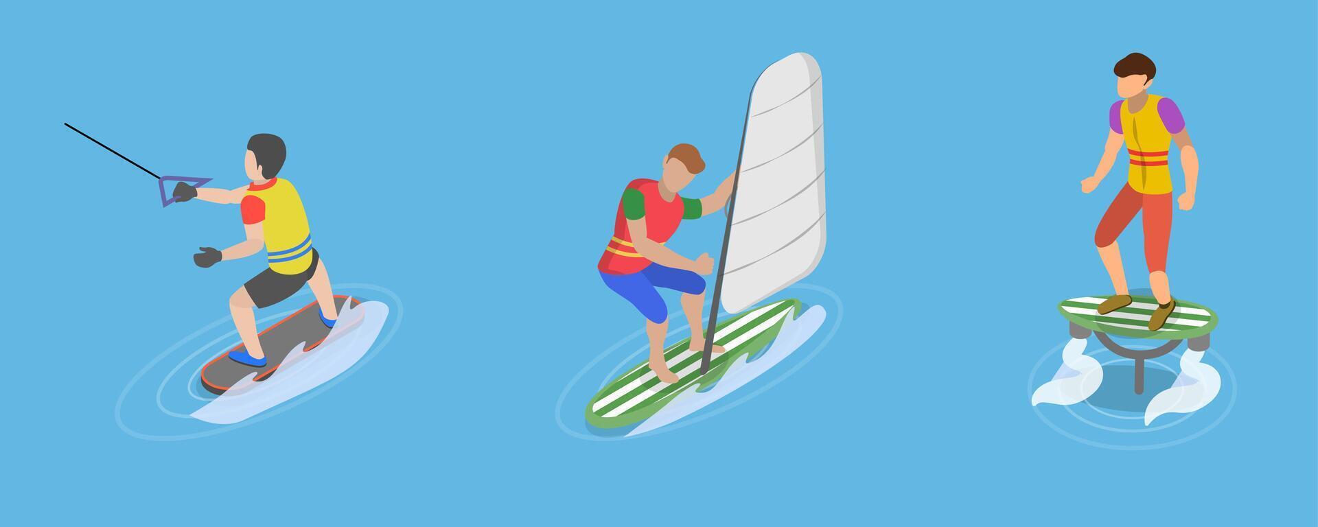 3D Isometric Flat Conceptual Illustration of Extreme Water Sports, Summer Beach Activities vector
