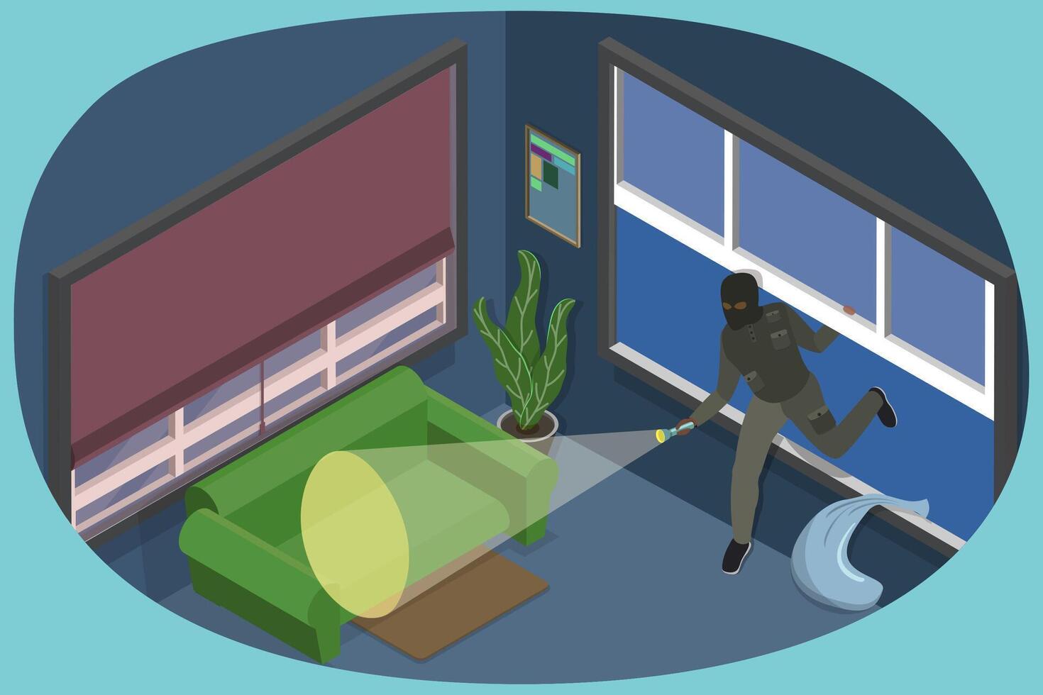 3D Isometric Flat Conceptual Illustration of Robbery, Night Bulgar Intrusion into Apartment vector