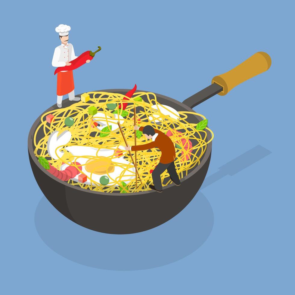 3D Isometric Flat Conceptual Illustration of Asian Wok, Pan with Noodles vector