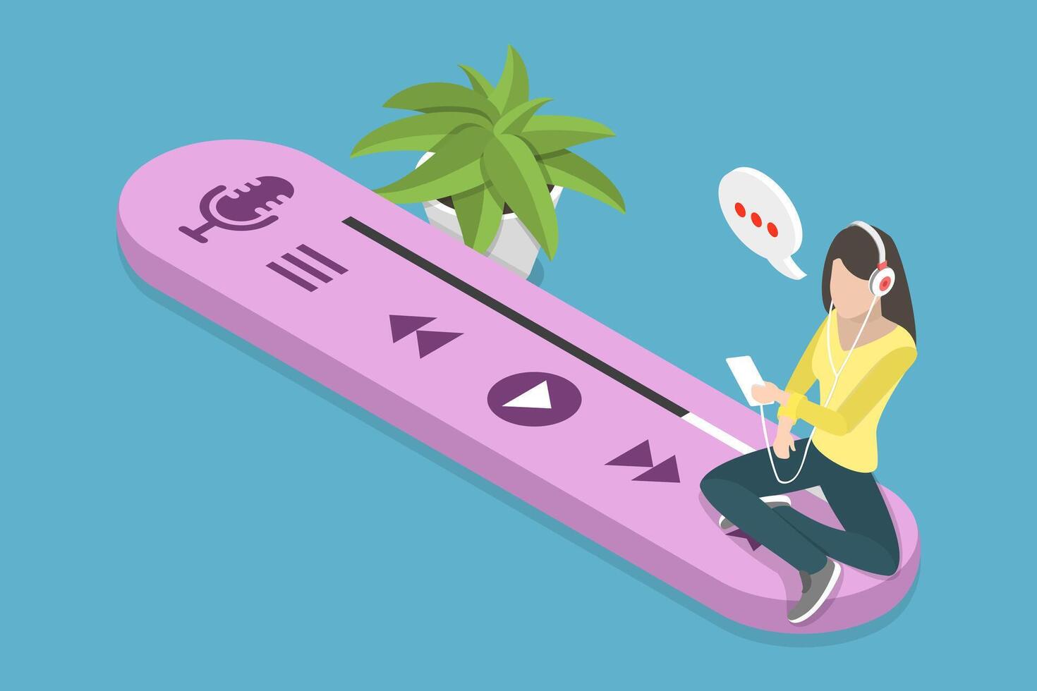 3D Isometric Flat Conceptual Illustration of Audio Podcast, Young Woman Listening to Radio Show or Music vector