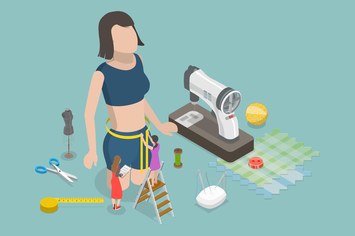 3D Isometric Flat Conceptual Illustration of Tailor Measurements, Dressmakers at Work vector