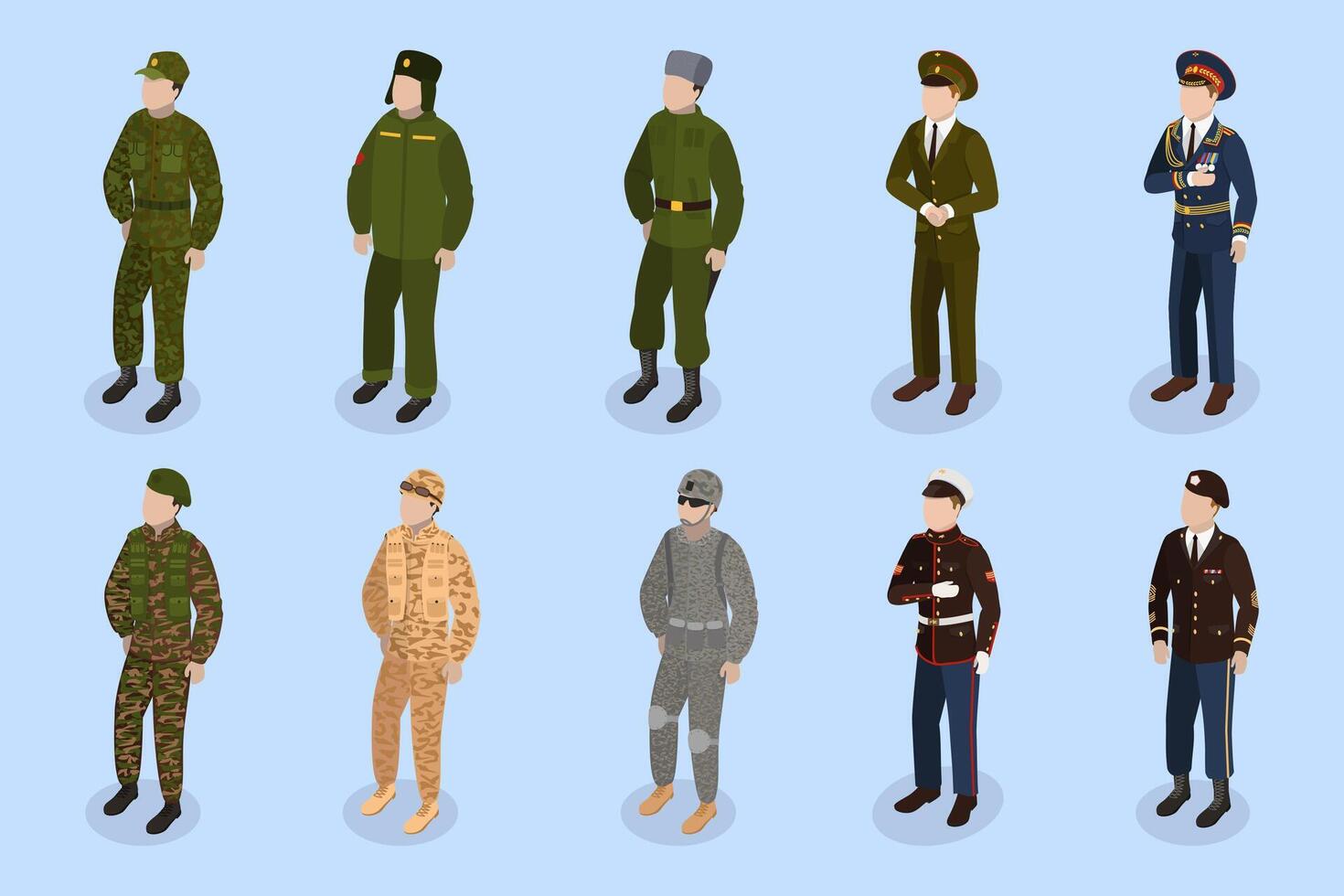 3D Isometric Flat Set of Military People, Characters in Uniform vector