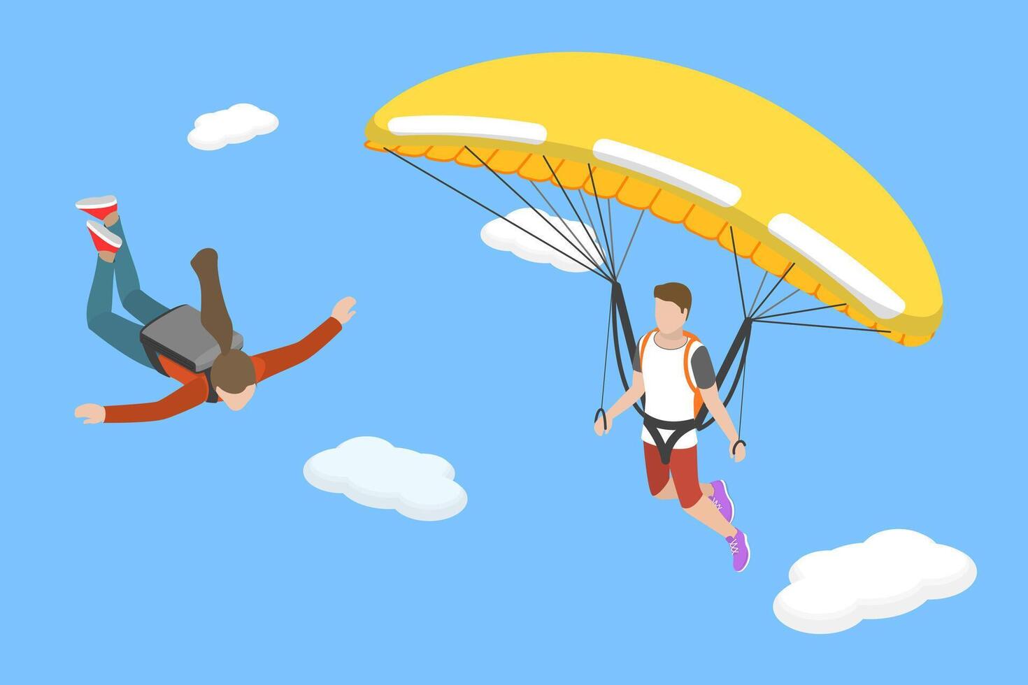 3D Isometric Flat Conceptual Illustration of Parajumping, Parachute skydivers vector