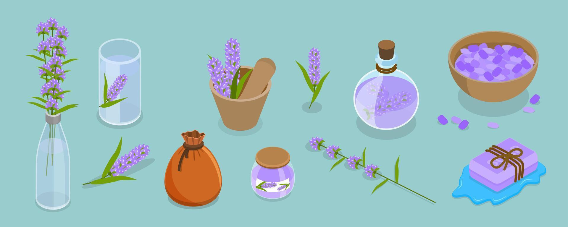 3D Isometric Flat Set of Lavanders Products, Flowers and Cosmetics vector