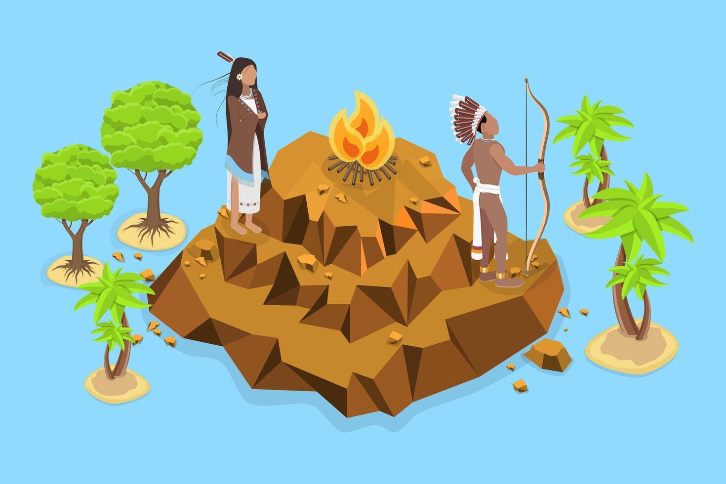 Indigenous characters by a fire on mountain vector