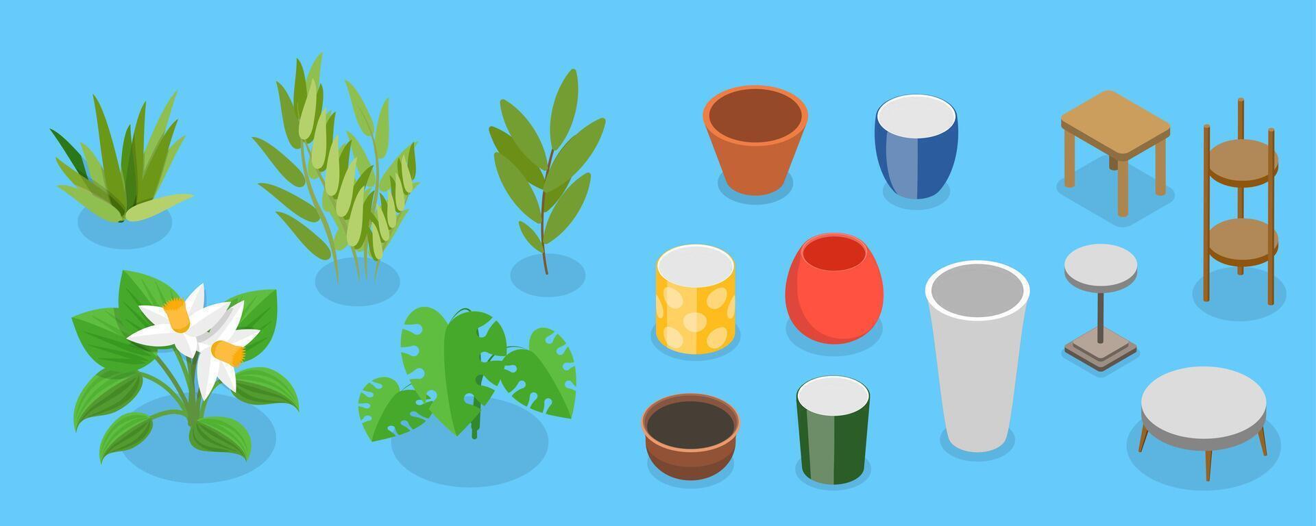 3D Isometric Flat Set of Plants In Pots, Home Indoor Green Decor vector