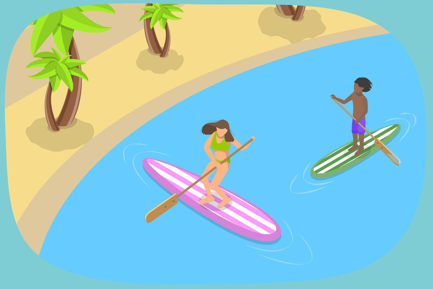 3D Isometric Flat Conceptual Illustration of Sup Surfing, Stand Up Paddling vector
