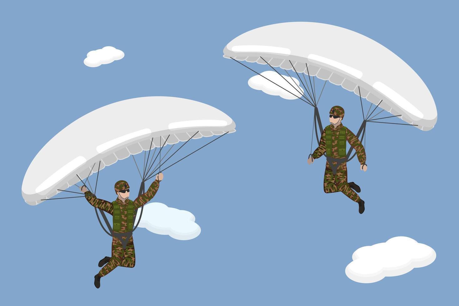 3D Isometric Flat Conceptual Illustration of Paratroopers, Skydivers in Khaki Military Uniform vector