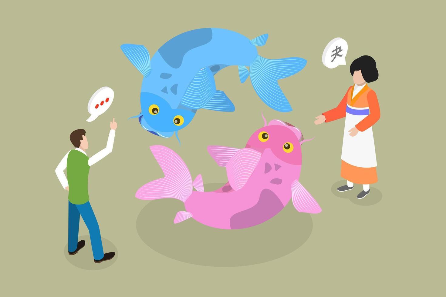 3D Isometric Flat Conceptual Illustration of Japanese Philosophy, Koi Fish vector