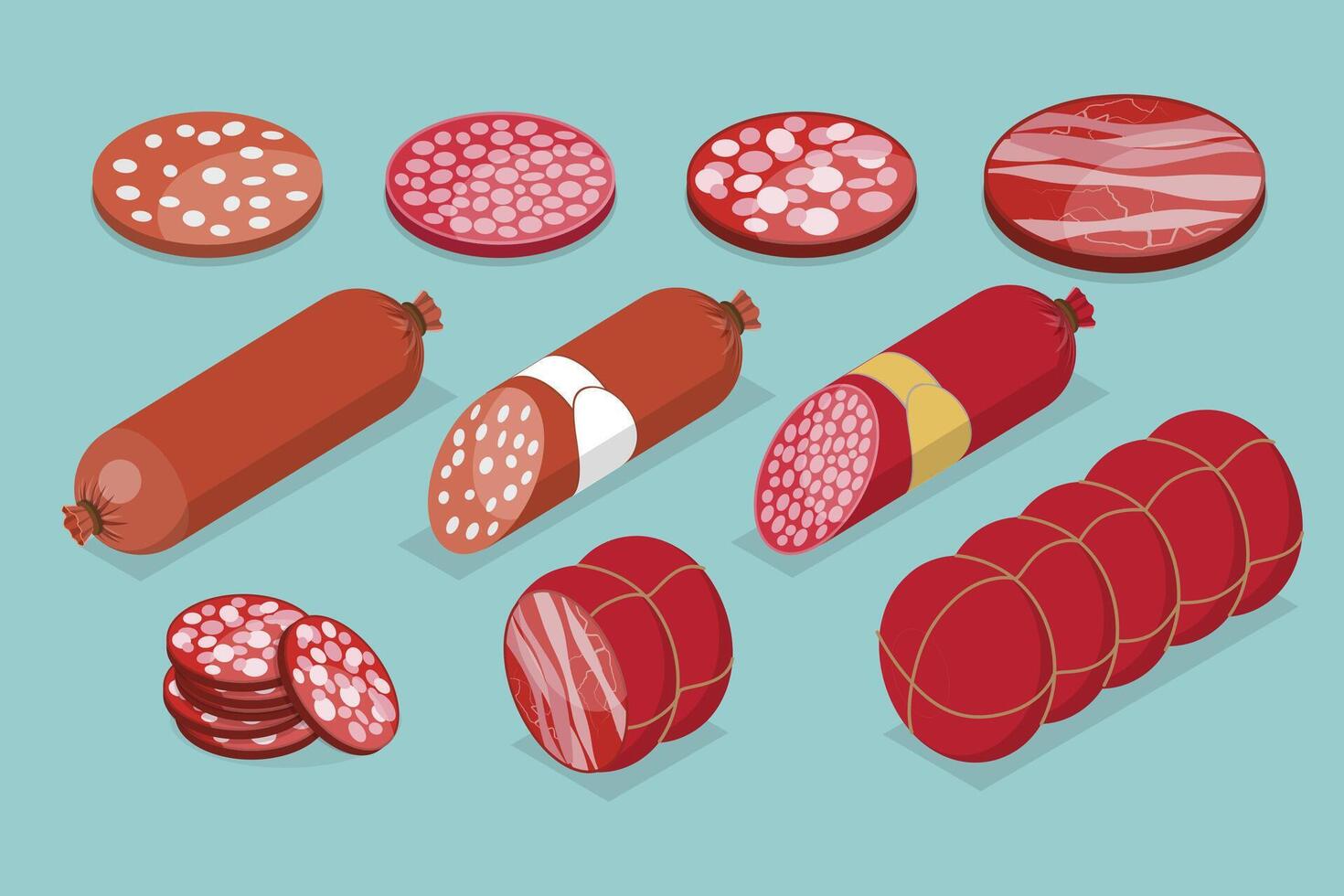 3D Isometric Flat Set of Sausages and Meat Products, Butcher Store Production vector