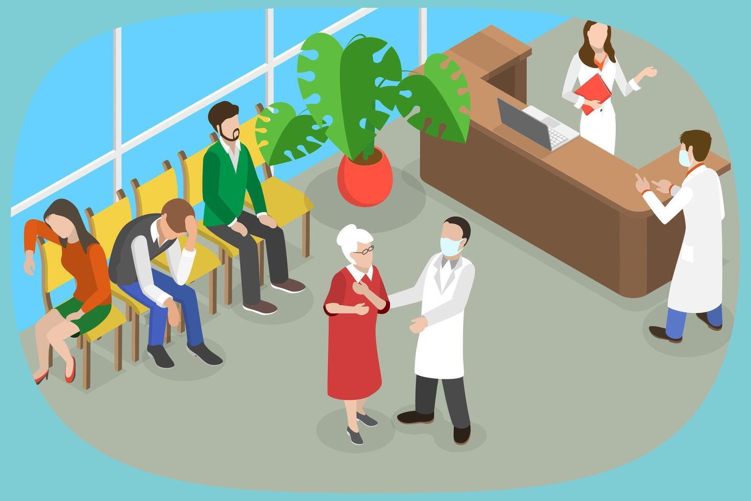 3D Isometric Flat Conceptual Illustration of Receptionist, Customers at Reception vector