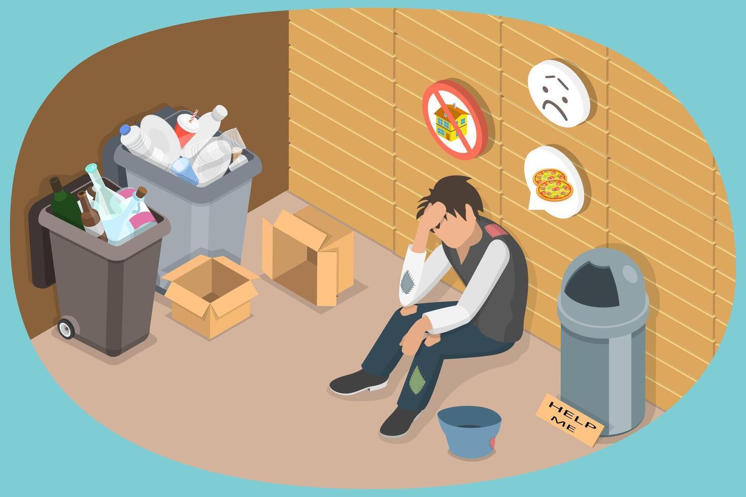 3D Isometric Flat Conceptual Illustration of Homeless Poor Man, Poverty vector