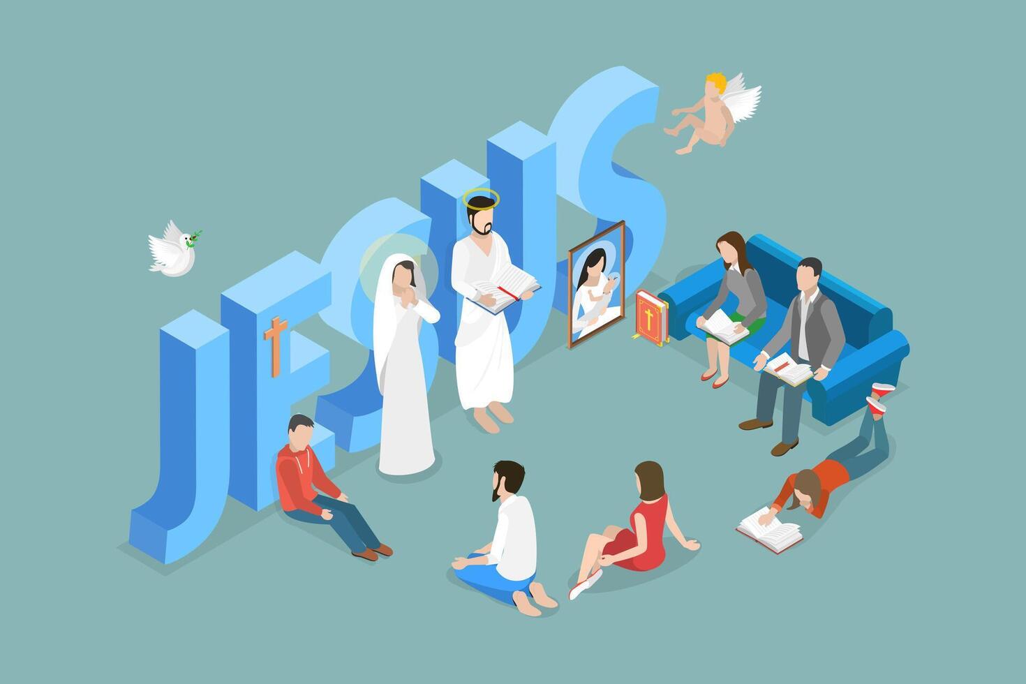 Jesus and followers in isometric art vector
