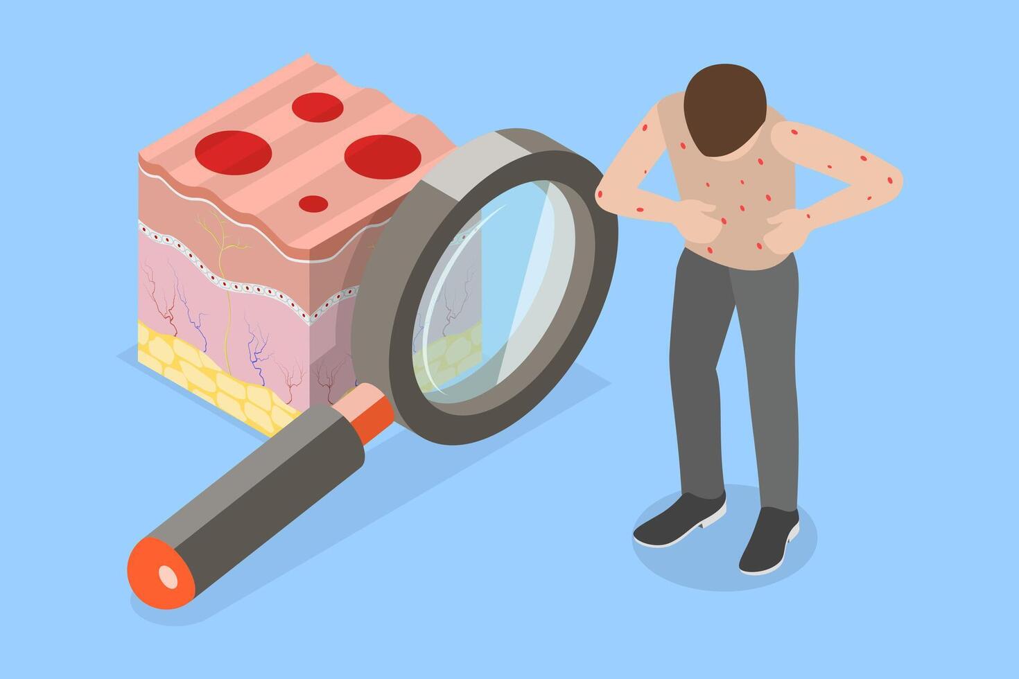 Person analyzing skin with magnifying glass vector