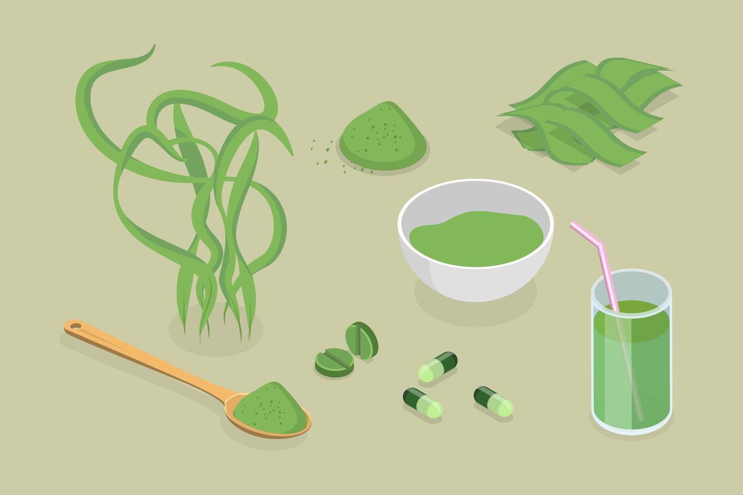 3D Isometric Flat Set of Spirulina, Dietary Supplement vector
