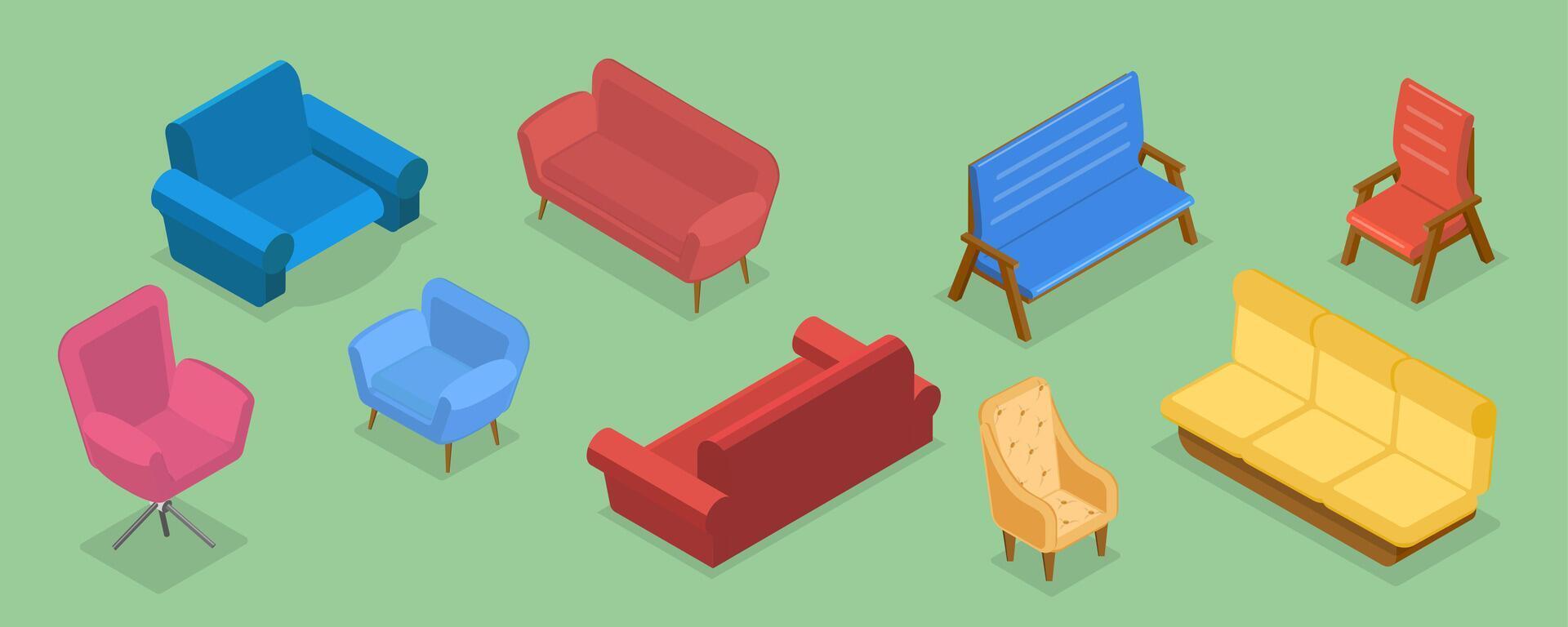 3D Isometric Flat Set of Furniture, Armchairs, Sofas, Chairs vector