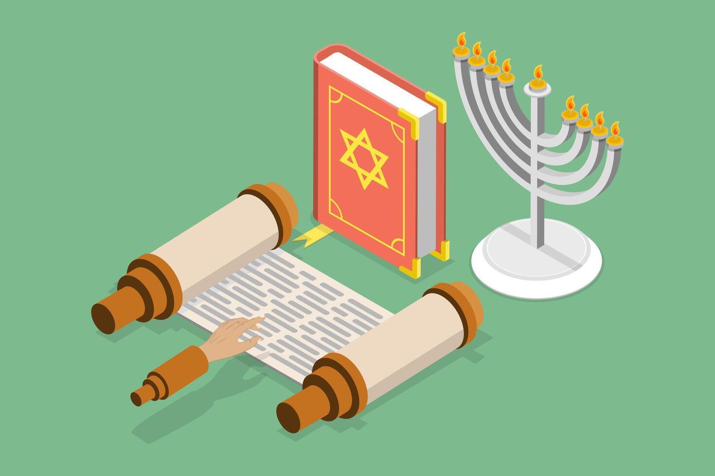 3D Isometric Flat Set of Jewish Religion Items, Judaism Culture vector