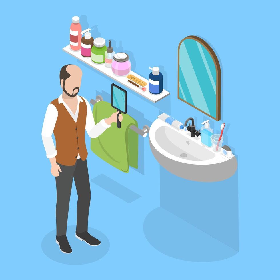 3D Isometric Flat Conceptual Illustration of Baldness Alopecia, Hairloss Problem vector