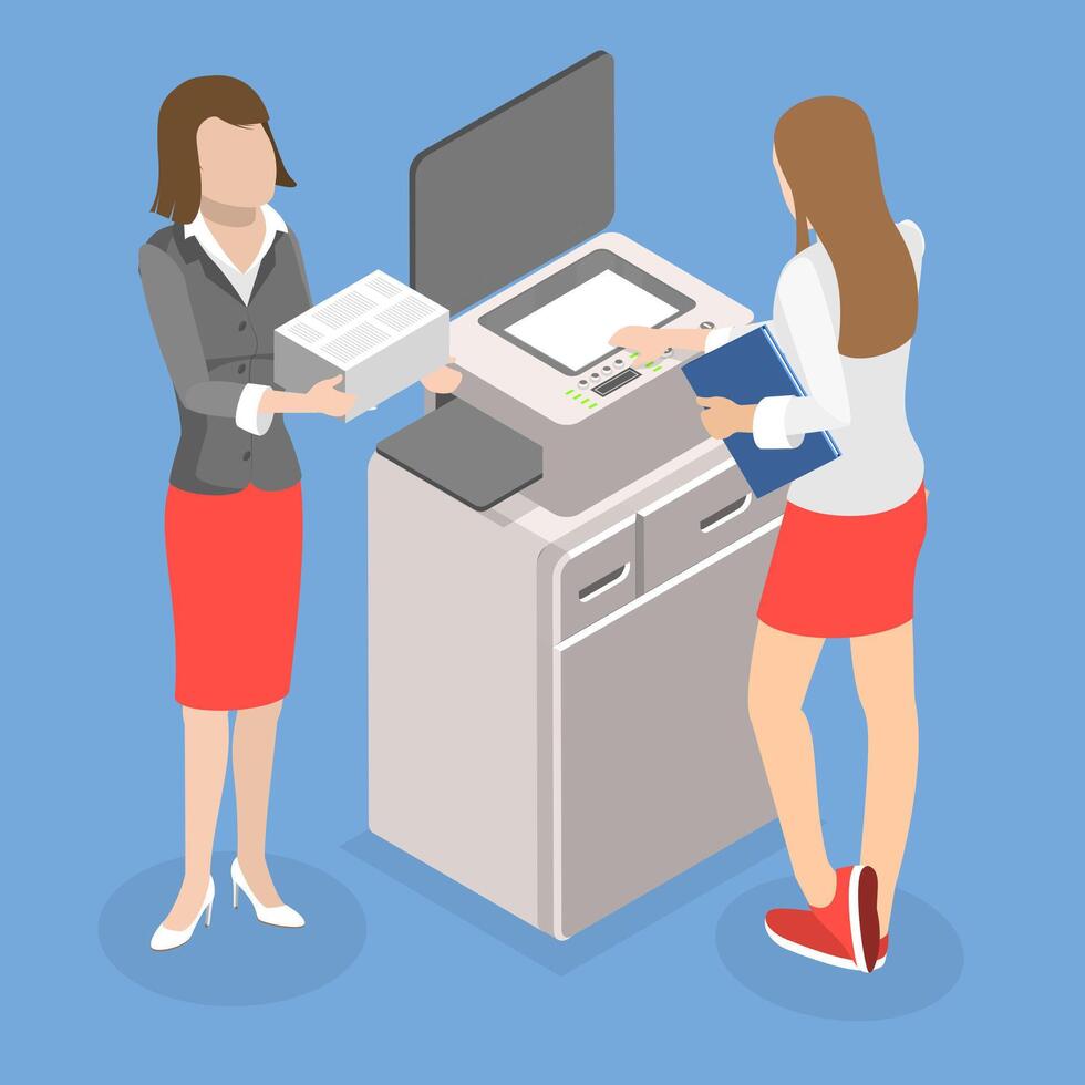 3D Isometric Flat Conceptual Illustration of Paperwork With Printer, Office Multi-function Machine vector