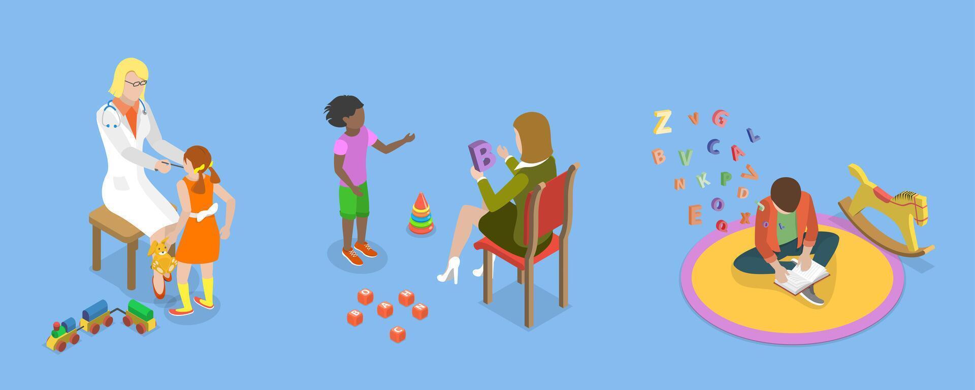 3D Isometric Flat Conceptual Illustration of Dyslexia, Kids Speaking Problems vector
