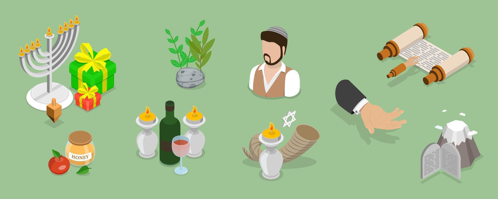 3D Isometric Flat Set of Jewish Symbolism, Religious Items vector