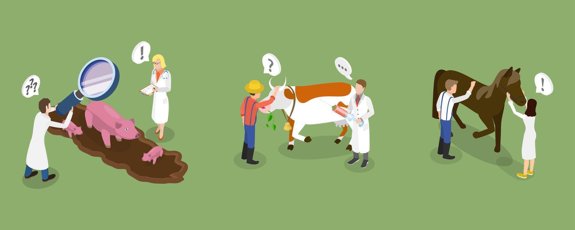 3D Isometric Flat Conceptual Illustration of Farm Veterinary Doctor, Health Check vector