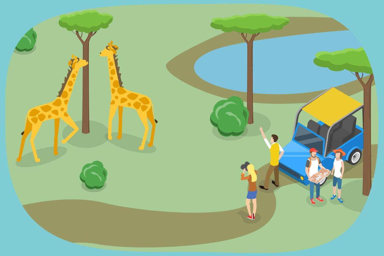 Giraffes on safari with tourists nearby vector