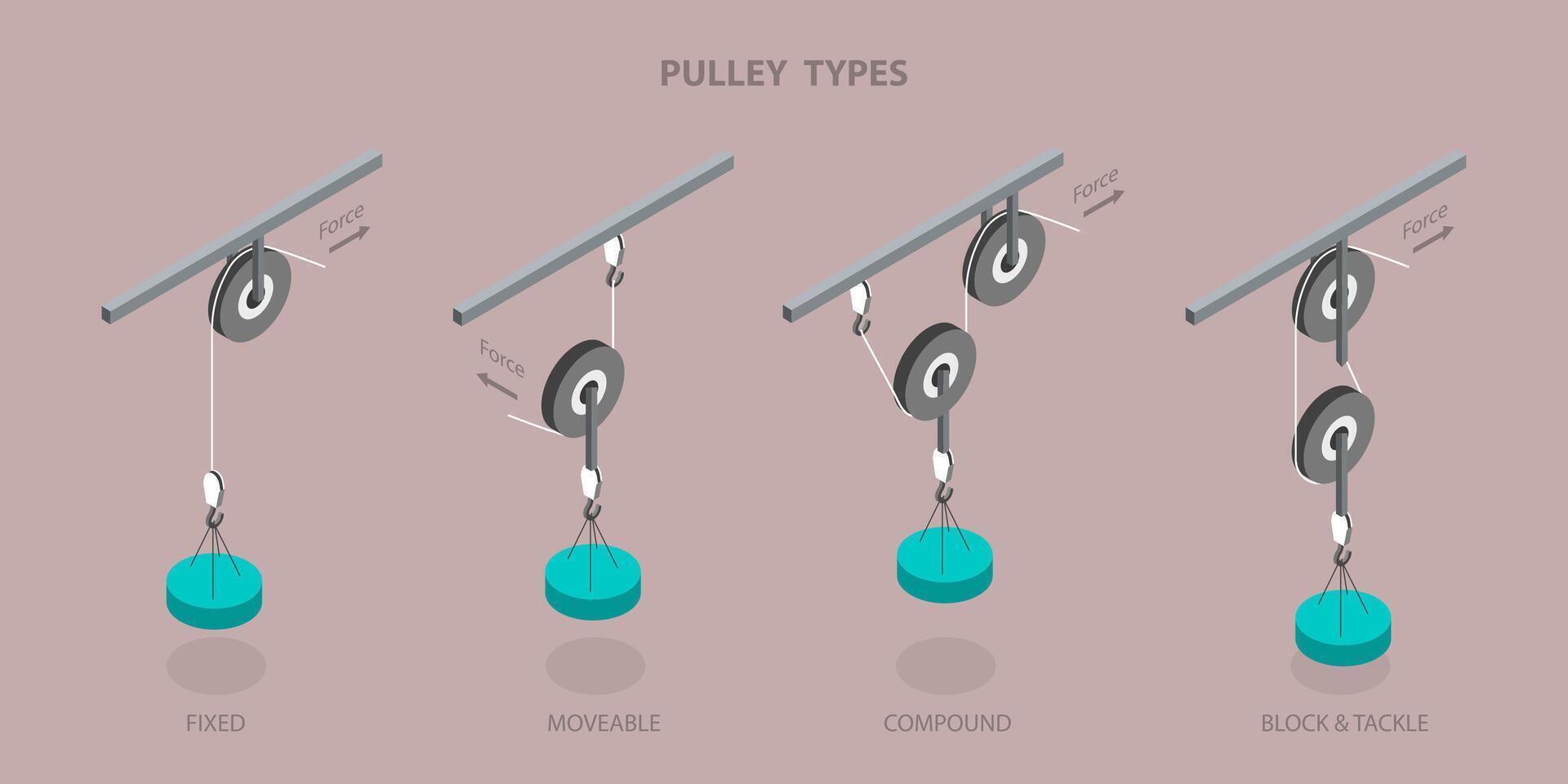 Different types of pulleys illustrated diagram vector