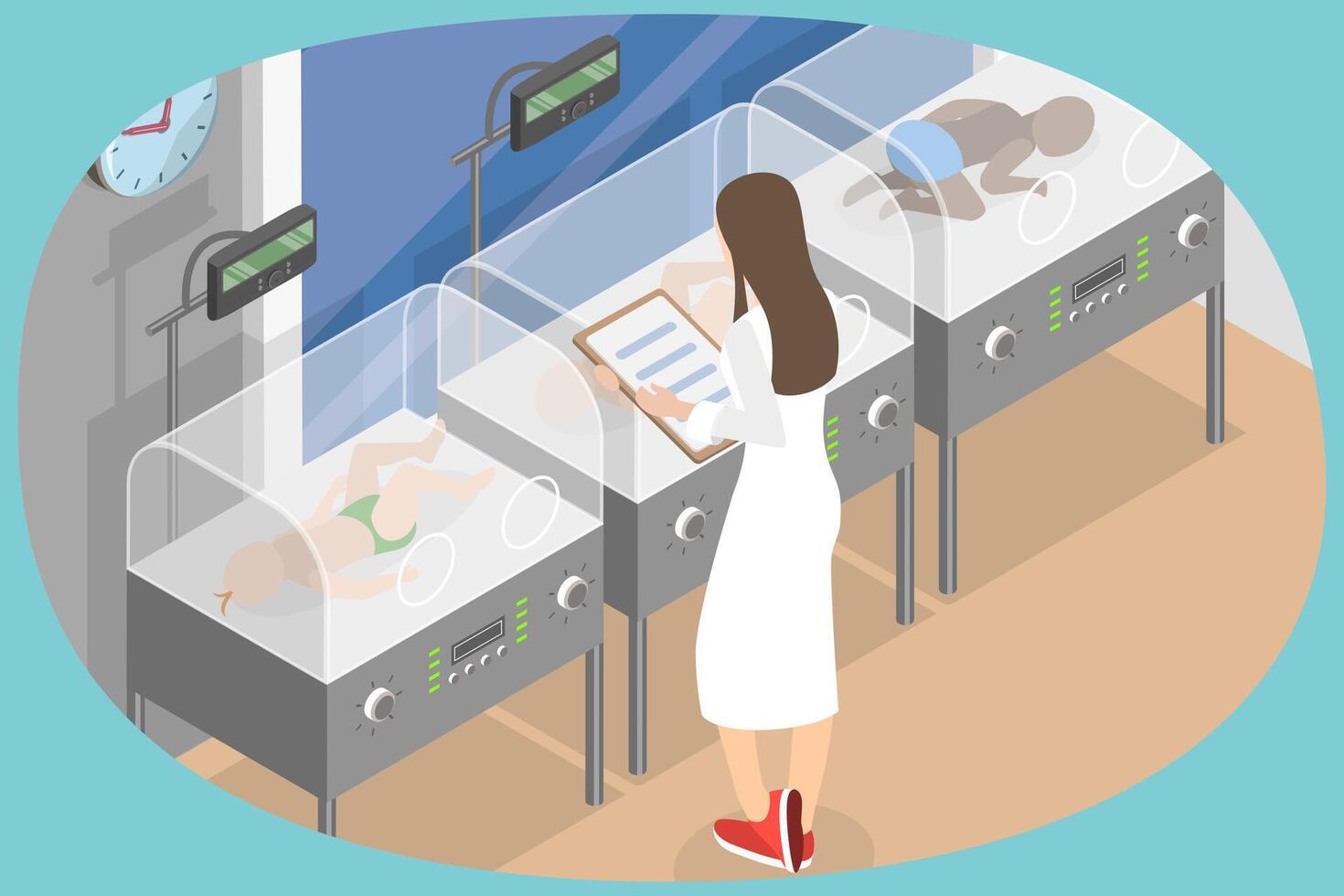 Nurse with infants in incubators vector
