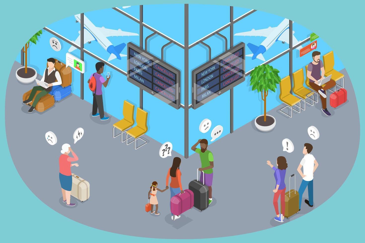 3D Isometric Flat Conceptual Illustration of Cancelled Flight, Upset, Disappointed People vector