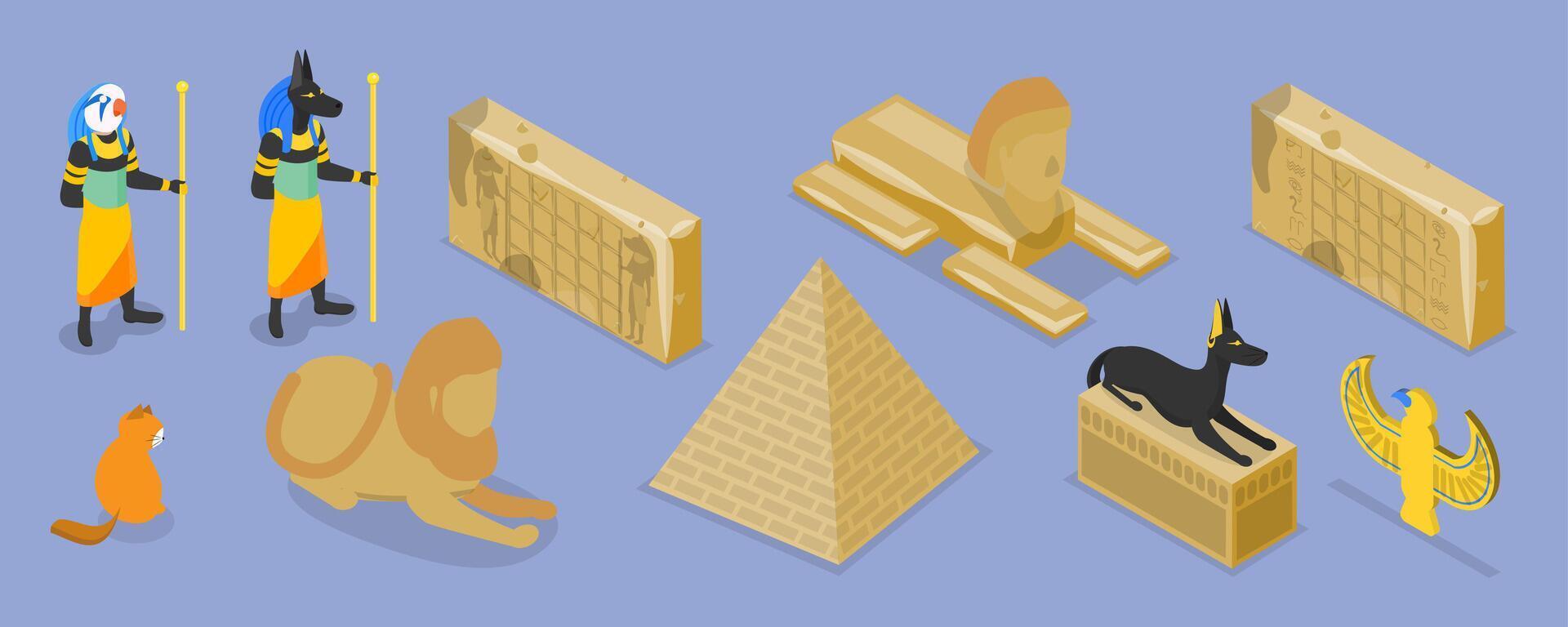 3D Isometric Flat Set of Egypt Symbols, Old Civilization Archaeology Artifacts vector
