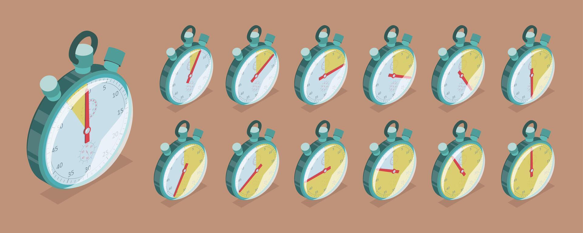 3D Isometric Flat Set of Countdown Timers, Stopwatch vector