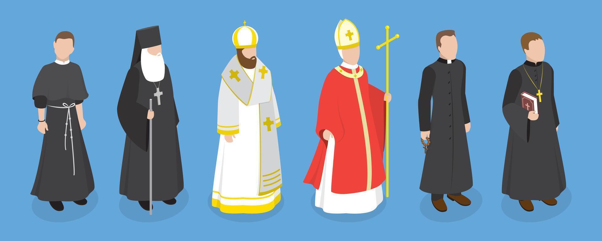 3D Isometric Flat Set of Religious Leaders, Character Dressed in Classical Robes vector