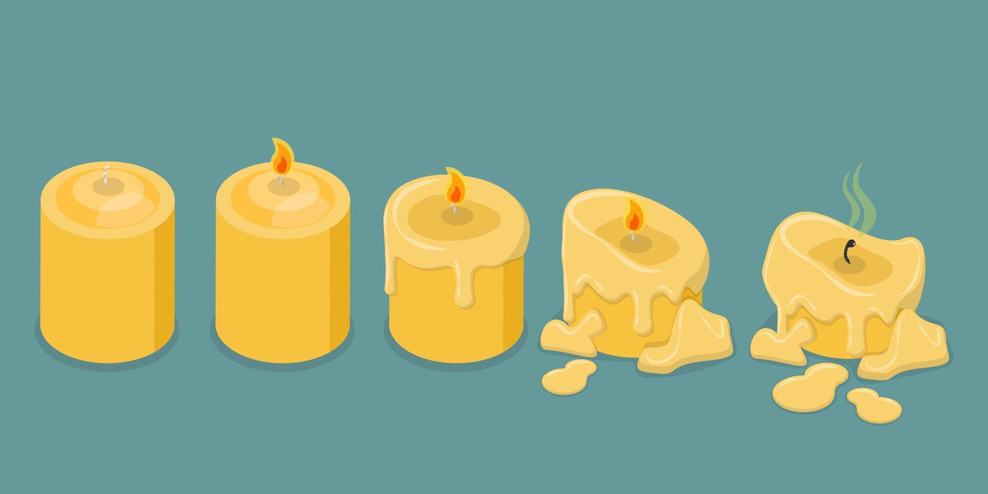 3D Isometric Flat Set of Wax Candles, Stages Of Burning vector