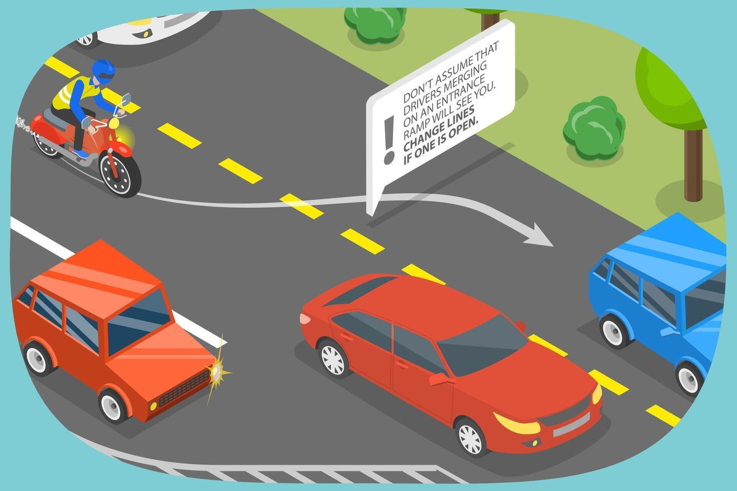 3D Isometric Flat Conceptual Illustration of Safety Driving, Merging on an Entrance Ramp vector