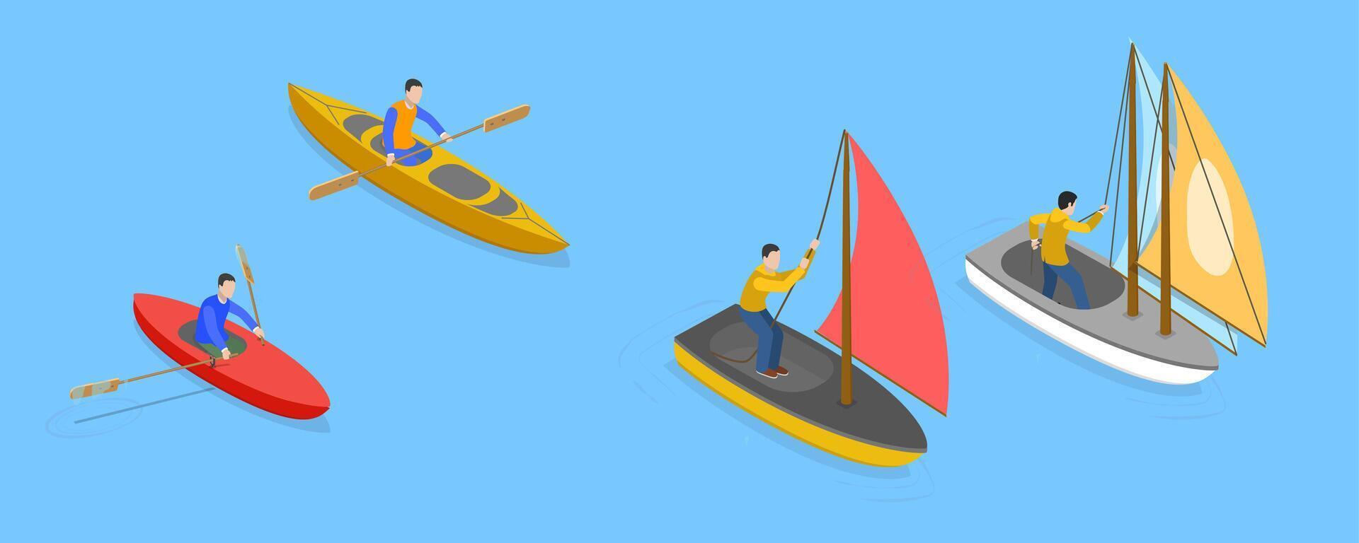 3D Isometric Flat Set of Sailing Boats, Travel Ship and Yachts vector