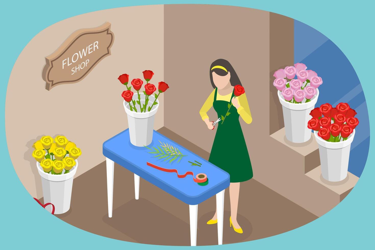 3D Isometric Flat Conceptual Illustration of Flower Shop, Floral Workshop vector