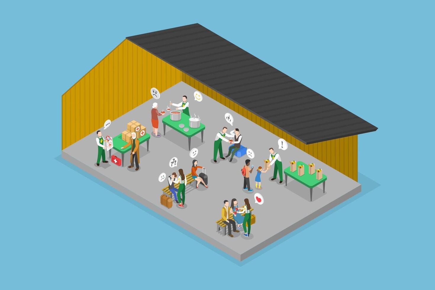 3D Isometric Flat Conceptual Illustration of Shelter, Volunteers Help Refugees vector