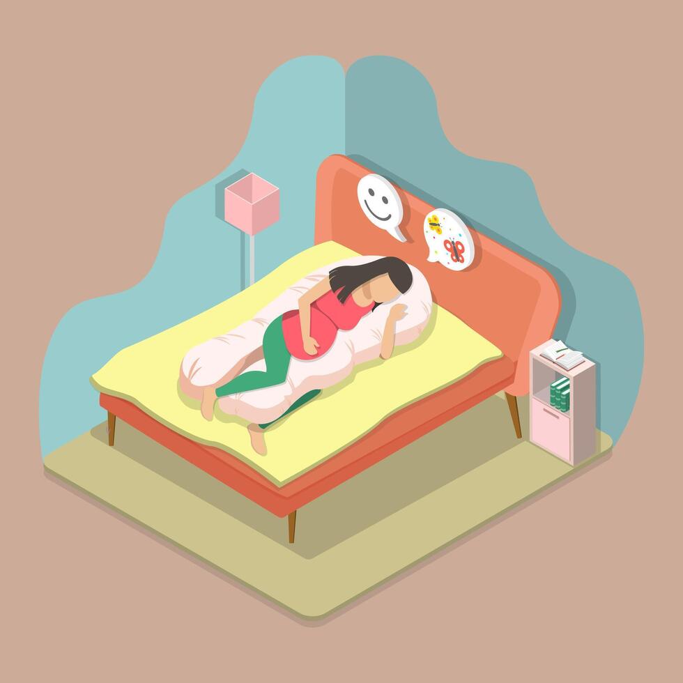 3D Isometric Flat Conceptual Illustration of Pillow for a Pregnant Woman, Healthy Night Sleep vector