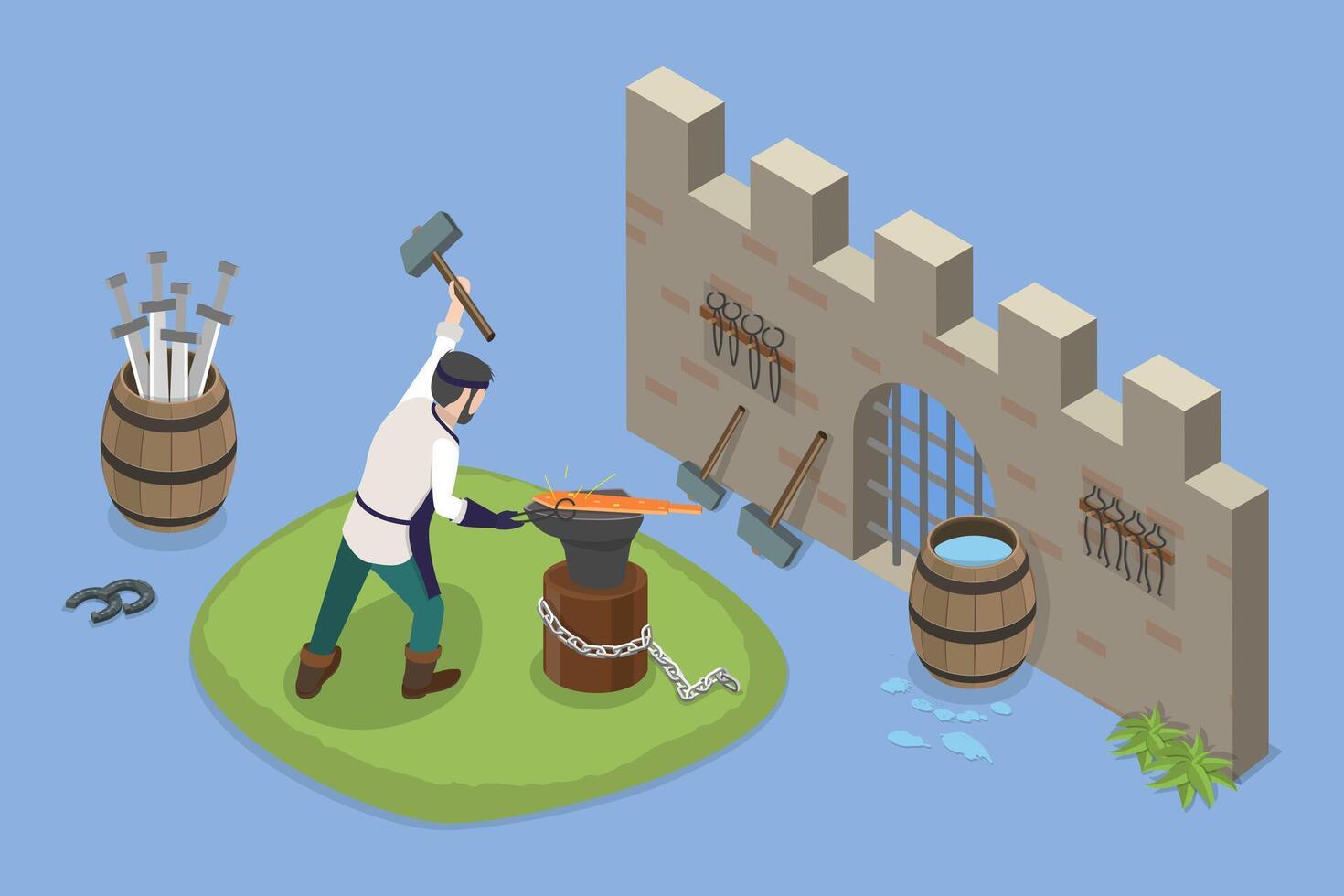 3D Isometric Flat Conceptual Illustration of Medieval Blacksmith, Creating Weapons vector
