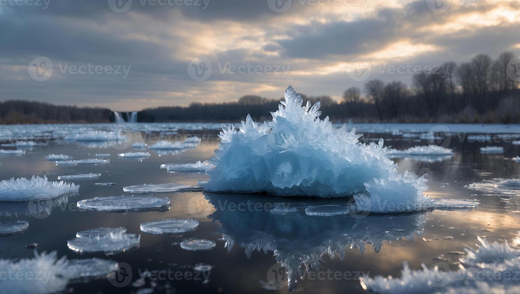 Ice Crystals Forming on Lake Water Surface During Winter Season photo