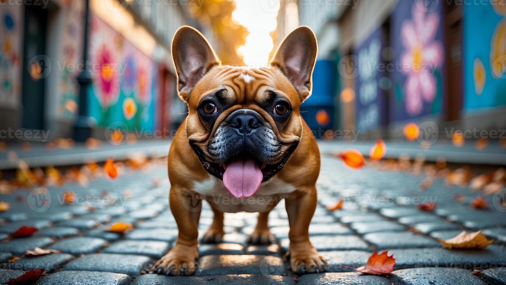 Dog Standing on Cobblestone Street with Fallen Autumn Leaves Around photo